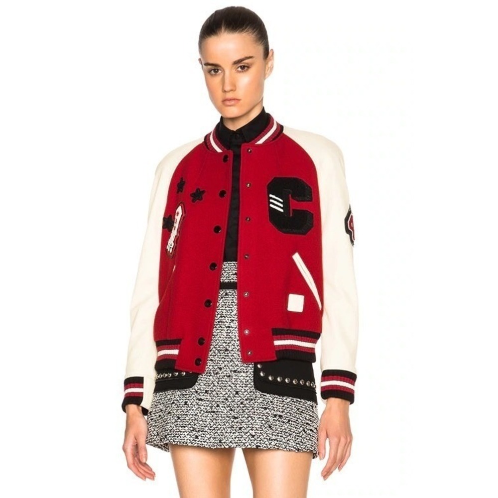 Coach Varsity Bomber Jacket Red Cream Leather‎ Patches Wool Women Size 2